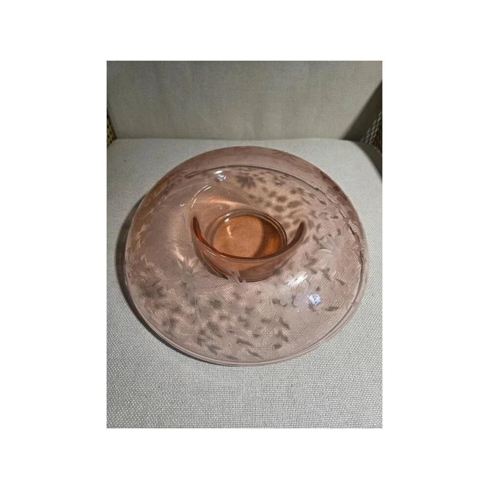 Vintage Pink Depression Glass Centerpiece Bowl Etched Floral Rolled Rim 12 in